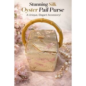 Vintage Silk Oyster Pail Purse with Bamboo Handle – Gold Satin Dragonfly Evening